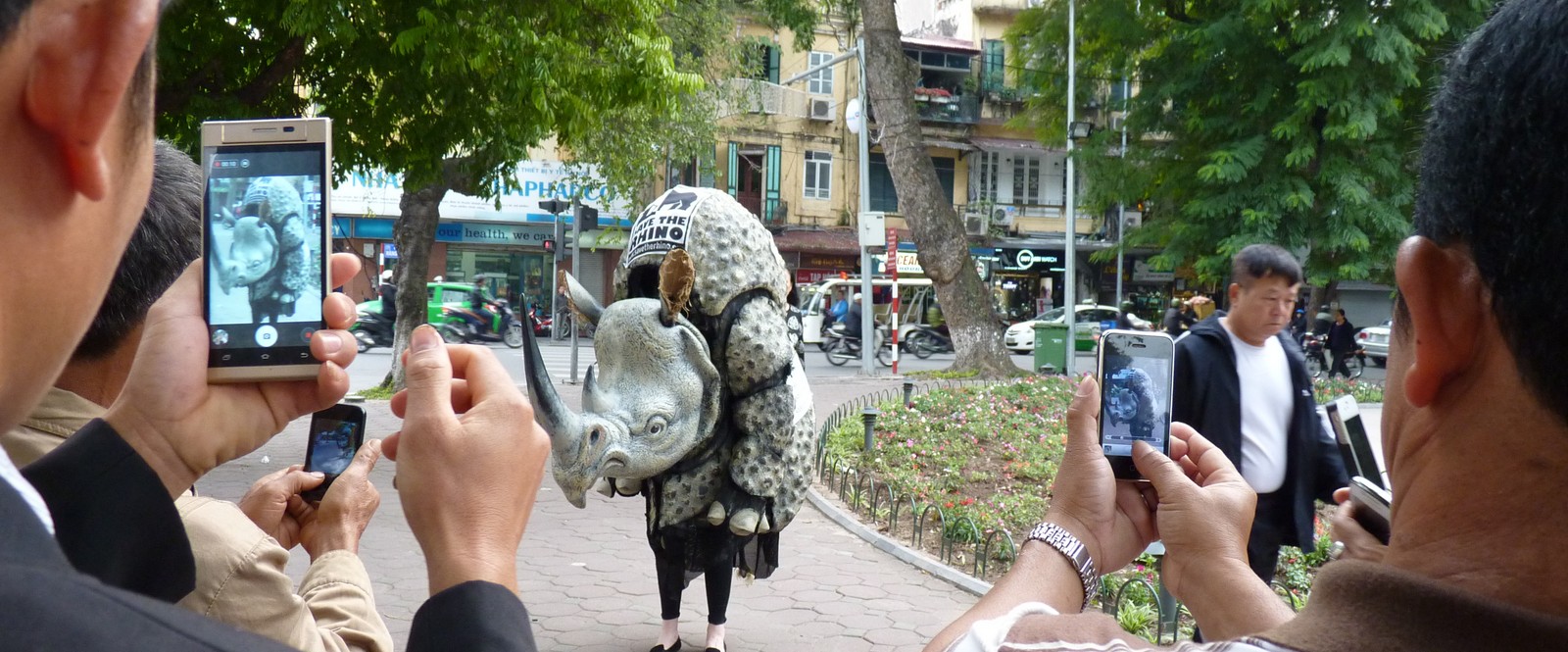 Image of a rhino costume attracting public attention in Vietnam