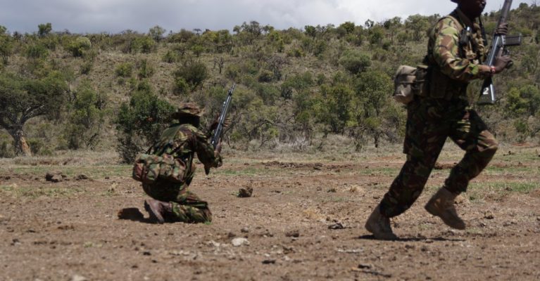 Rangers perform a live fire drill in Borana Conservancy, Kenya.