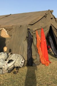 Image of the rhino costume outside a tent at the ForRangers Ultra