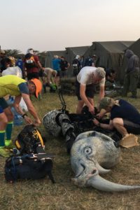 Image of fixing the rhino costume during the For Rangers UItra