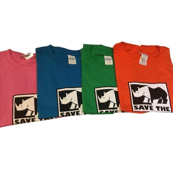 Image of four Save the Rhino logo t-shirts: pink, navy, green and orange.