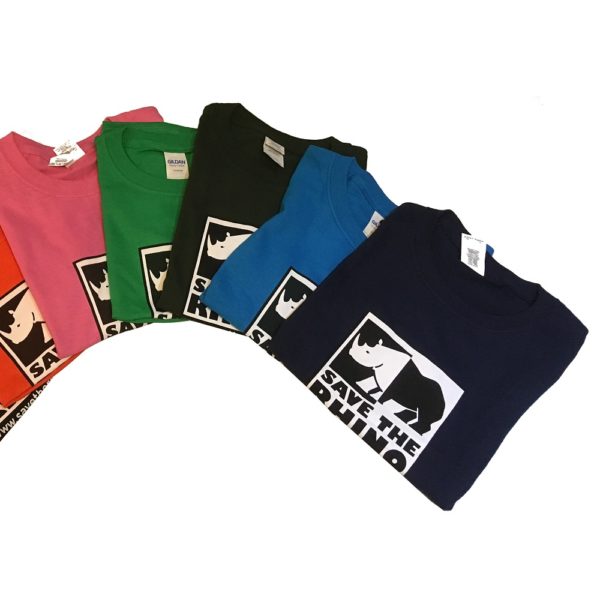 Image of Save the Rhino children's t-shirts: pink, green, black and navy.