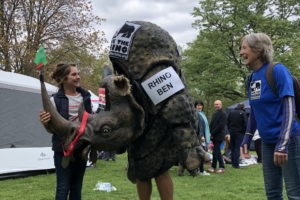 Image of Bennie in costume at the finish of the marathon.