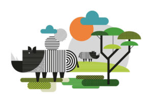Illustration of rhinos in a savannah