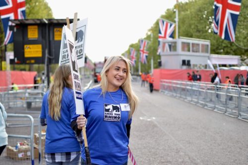 London Marathon volunteers with picket signs