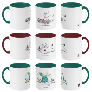 Main image showing all three Christmas mugs from all angles.