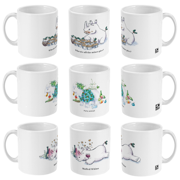 Main image showing all three white Christmas mugs from all angles.