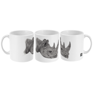 Black Rhino White Mug, showing 3 different angles of the mug