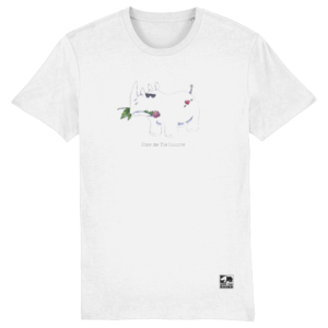 White t-shirt with Show me the Luuurve print on a white background.