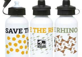 All three Save the Rhino Core Range water bottles next to one another on a white background.