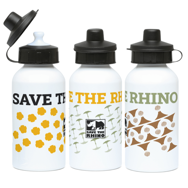 All three Save the Rhino Core Range water bottles next to one another on a white background.