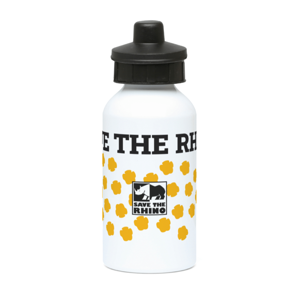 An image of the Footprints Save the Rhino Core Range water bottle from the front.
