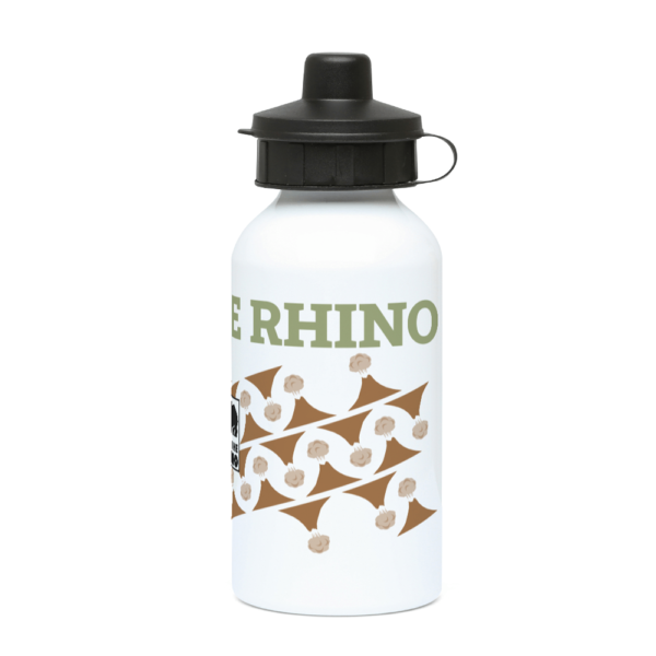 An image of the Volcanoes Save the Rhino Core Range water bottle from the back.