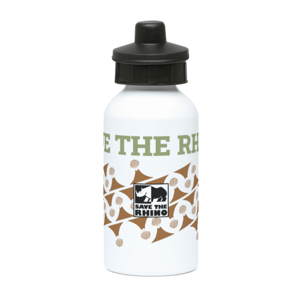 An image of the Volcanoes Save the Rhino Core Range water bottle from the front.