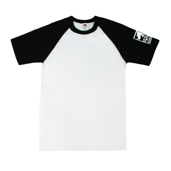 A photograph of the membership mens white t-shirt with black sleeves.