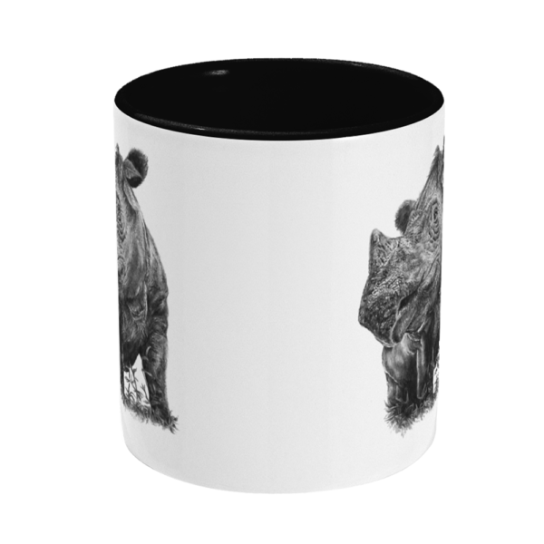 The Sumatran rhino black mug in black and white shown on a white background.
