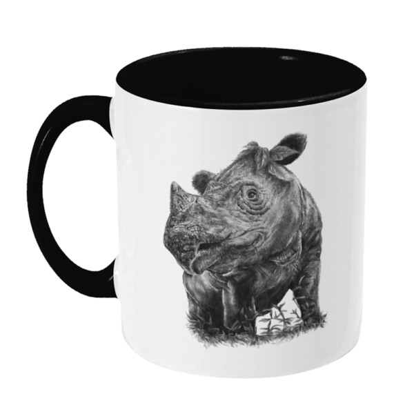 The left side view of the Sumatran rhino black mug in black and white shown on a white background.