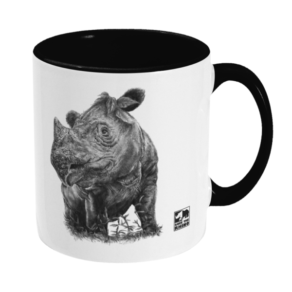 The right side view of the Sumatran rhino black mug in black and white shown on a white background.