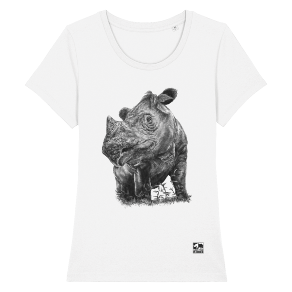 The Sumatran Rhino Womens T-shirt in Black and White on a white background