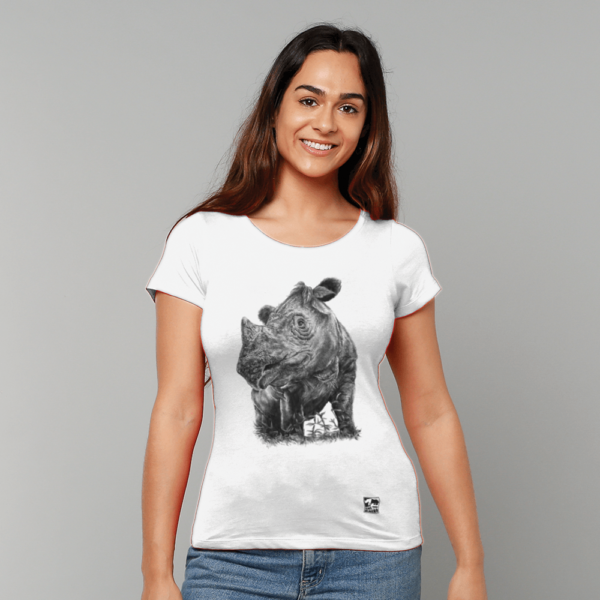 The Sumatran rhino t-shirt in black and white shown on a female model on a grey background