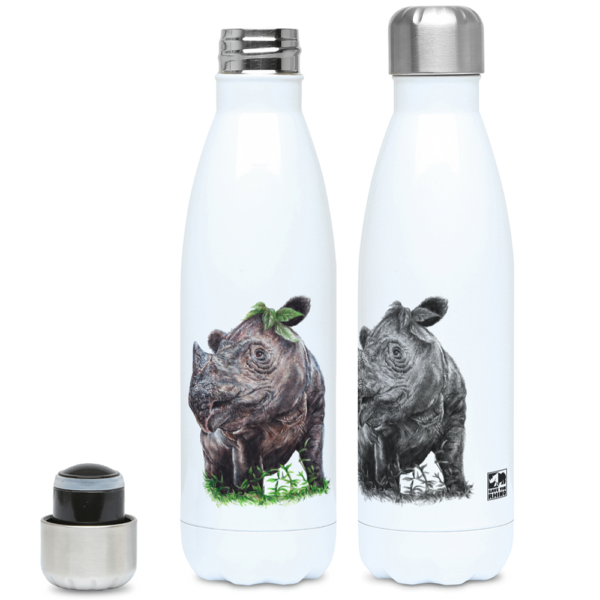Two Sumatran rhino water bottles on a white background