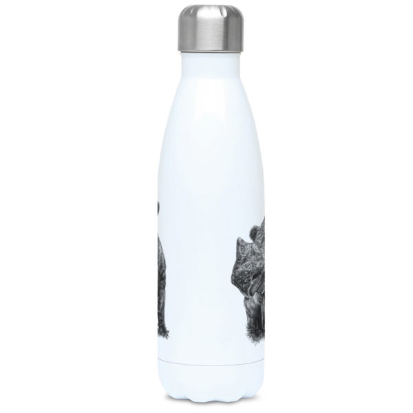 The central view of the Sumatran rhino water bottle in black and white shown on a white background.
