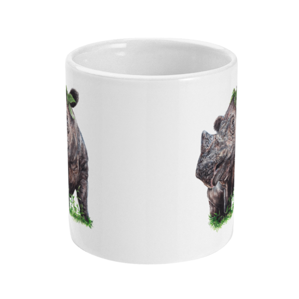 The central view of the Sumatran rhino white mug in colour shown on a white background.