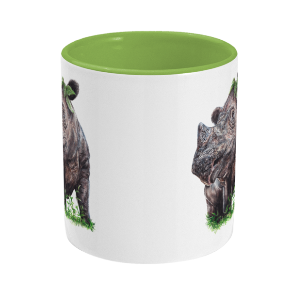 The central view of the Sumatran rhino green mug in colour shown on a white background.