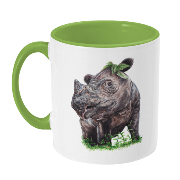 The left side view of the Sumatran rhino green mug in colour shown on a white background.