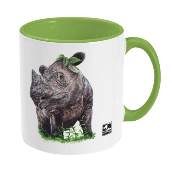 The right side view of the Sumatran rhino green mug in colour shown on a white background.