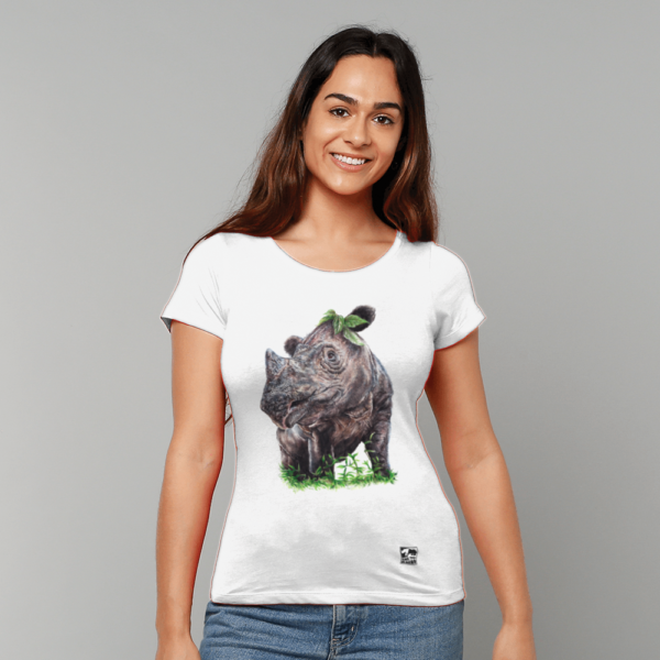 The Sumatran rhino t-shirt in colour shown on a female model on a grey background