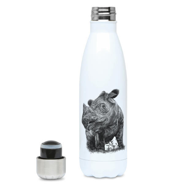 The left side view of the Sumatran rhino water bottle in black and white shown on a white background.