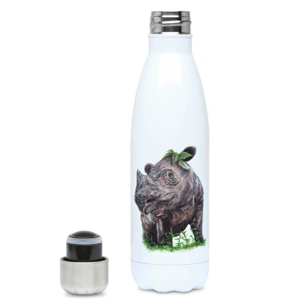 The left side view of the Sumatran rhino water bottle in colour shown on a white background.