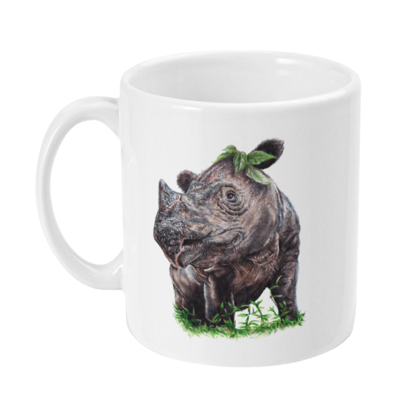 The left side view of the Sumatran rhino white mug in colour shown on a white background.