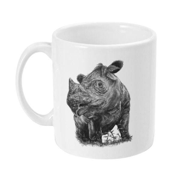 The left side view of the Sumatran rhino white mug in black and white shown on a white background.