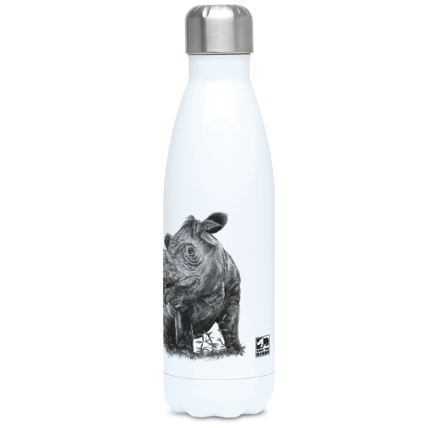 The right side view of the Sumatran rhino water bottle in black and white shown on a white background.