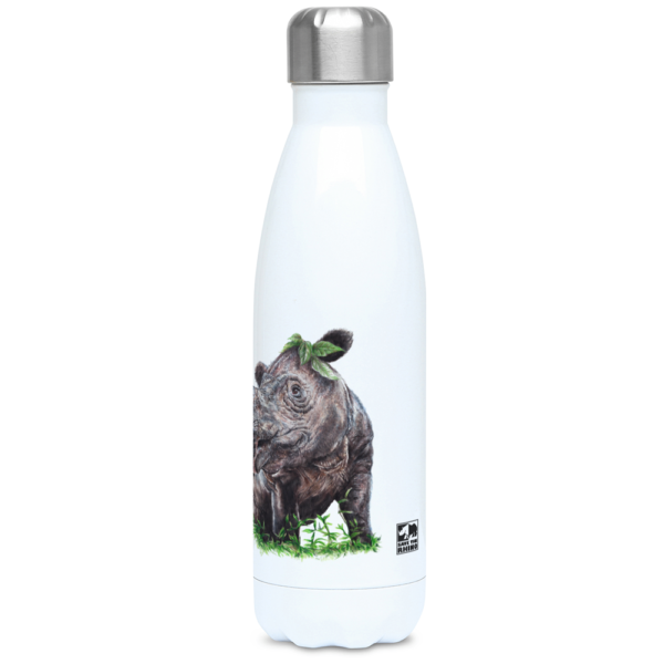 The right side view of the Sumatran rhino water bottle in colour shown on a white background.