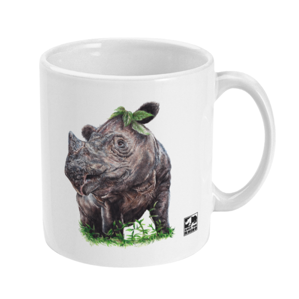 The right side view of the Sumatran rhino white mug in colour shown on a white background.