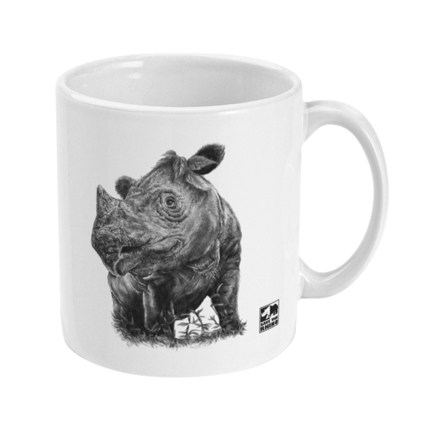The right side view of the Sumatran rhino white mug in black and white shown on a white background.