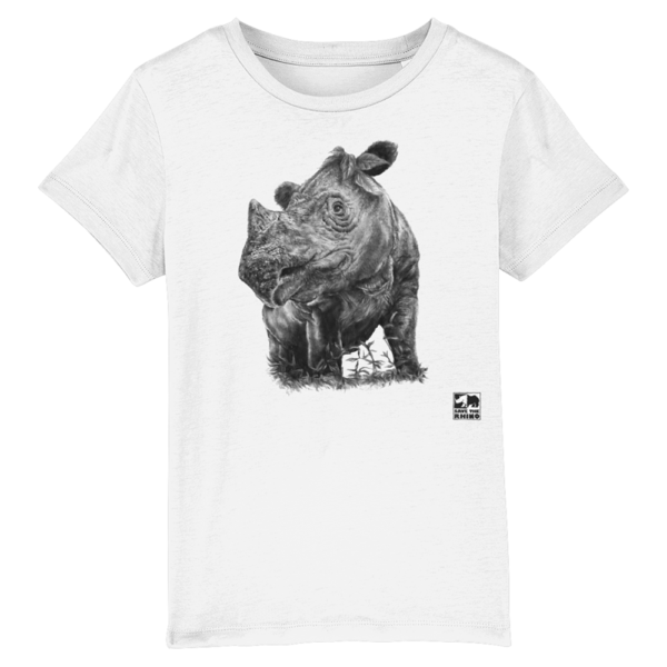 The Sumatran Rhino Kids T-shirt in Black and White on a white background