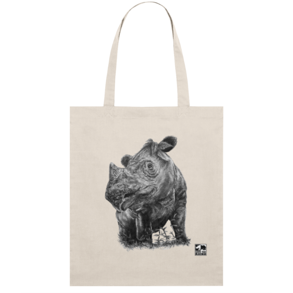 An image of the Sumatran rhino tote bag in black and white on a white background