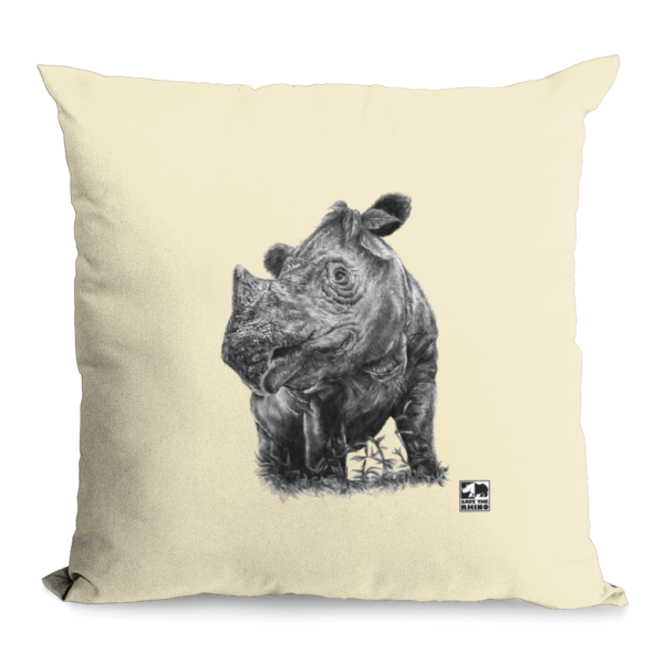 An image of the Sumatran rhino cushion cover in black and white on a white background
