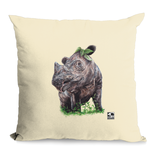 An image of the Sumatran rhino cushion cover in colour on a white background