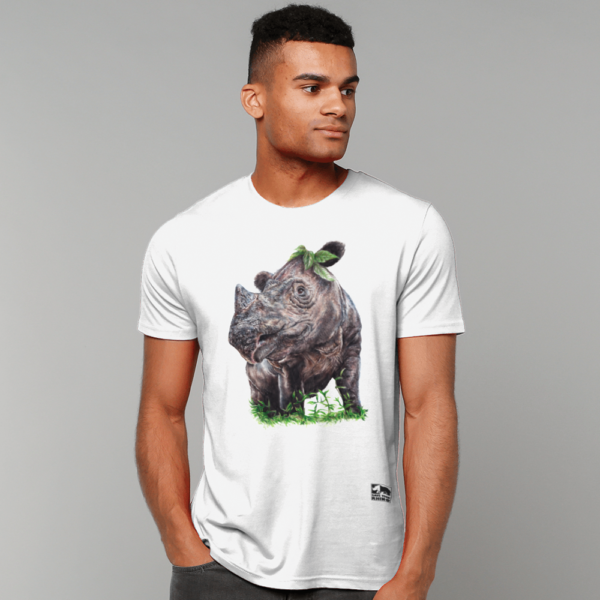 The Sumatran rhino t-shirt in colour shown on a male model on a grey background