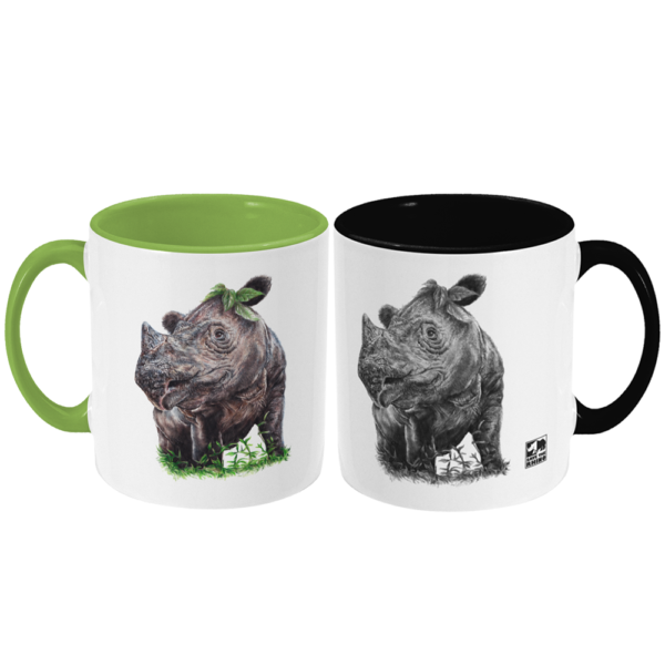 Two Sumatran rhino mugs on a white background