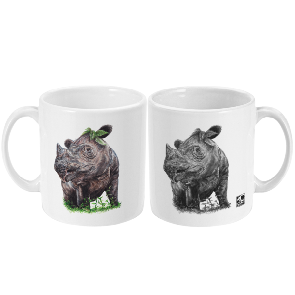 Two Sumatran rhino white mugs on a white b