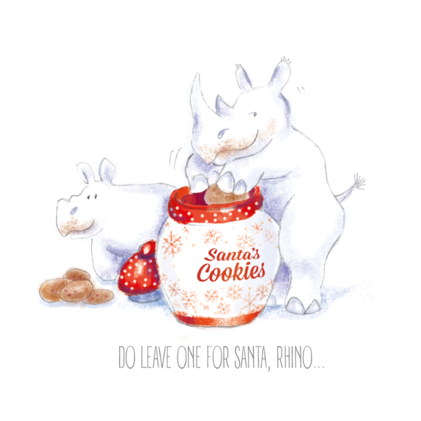 Illustration of a rhino stealing cookies