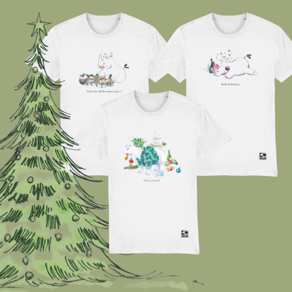 Three Christmas t-shirts and tree