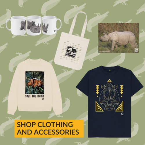 Rhino mugs, t-shirt, jumper, bag and puzzle.