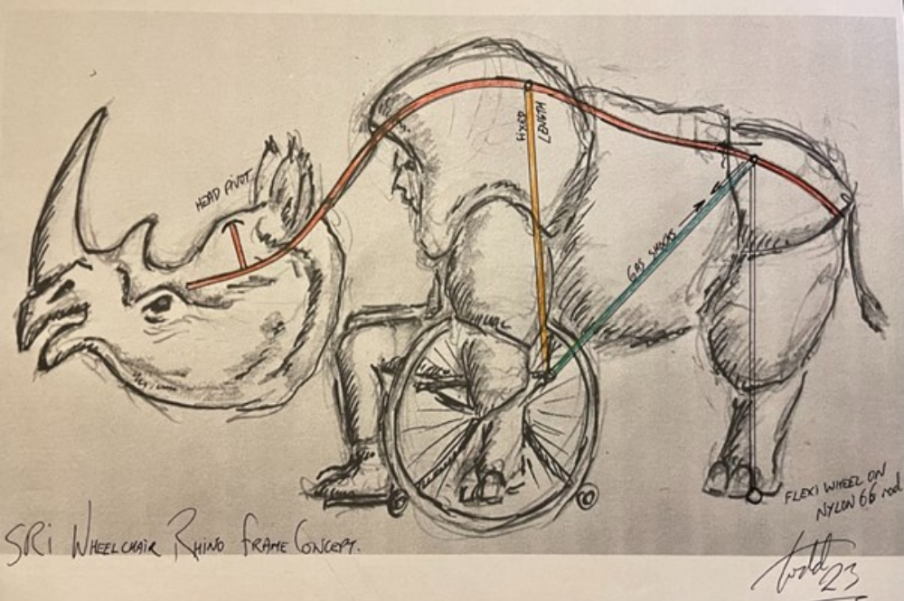 A pencil sketch of a rhino costume wheelchair.
